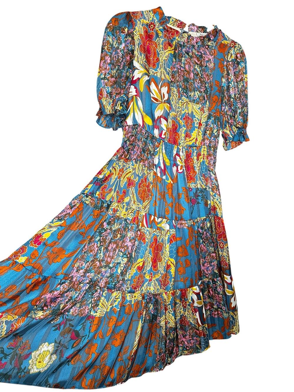 Stellah Metallic Floral Smocked Tiered Midi Dress High Neck Ruffle Sleeve Size S